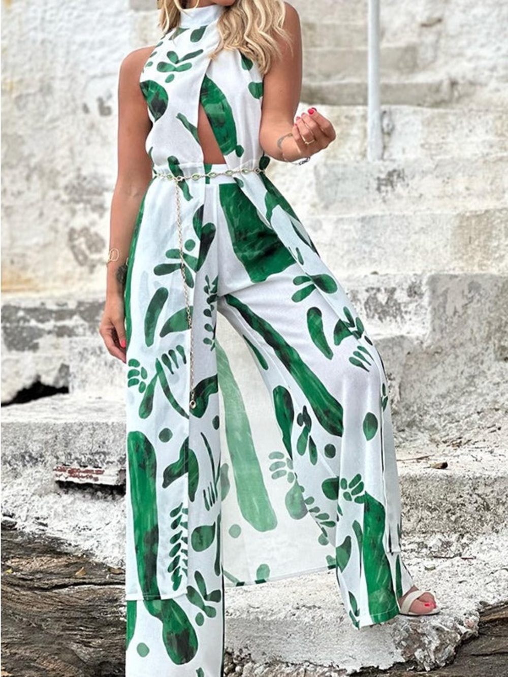 & Other Stories White Halter Jumpsuit with Green Abstract Print